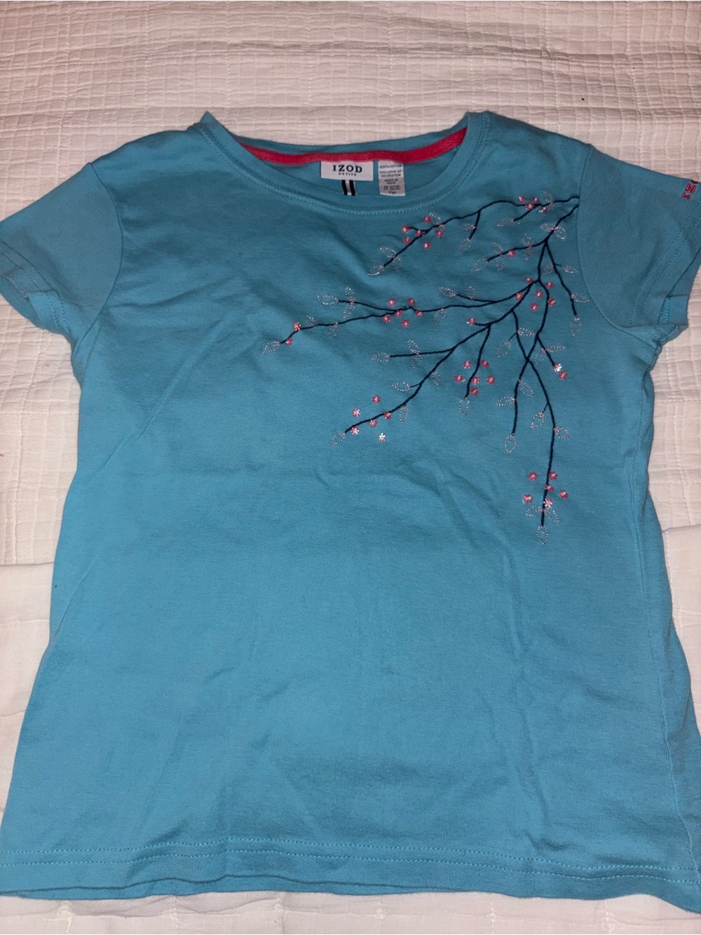 Izod Turquoise Short Sleeve Tee with Pink Blossom Embroidery